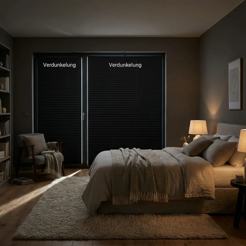 Verdunkelungsplissee im Schlafzimmer bei Tag