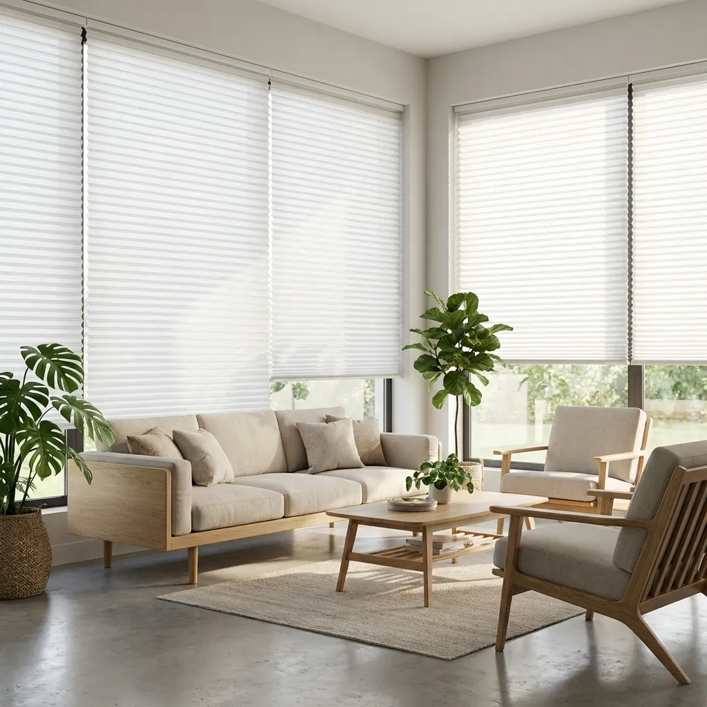 Modernes Wohnzimmer mit weißen Plissees