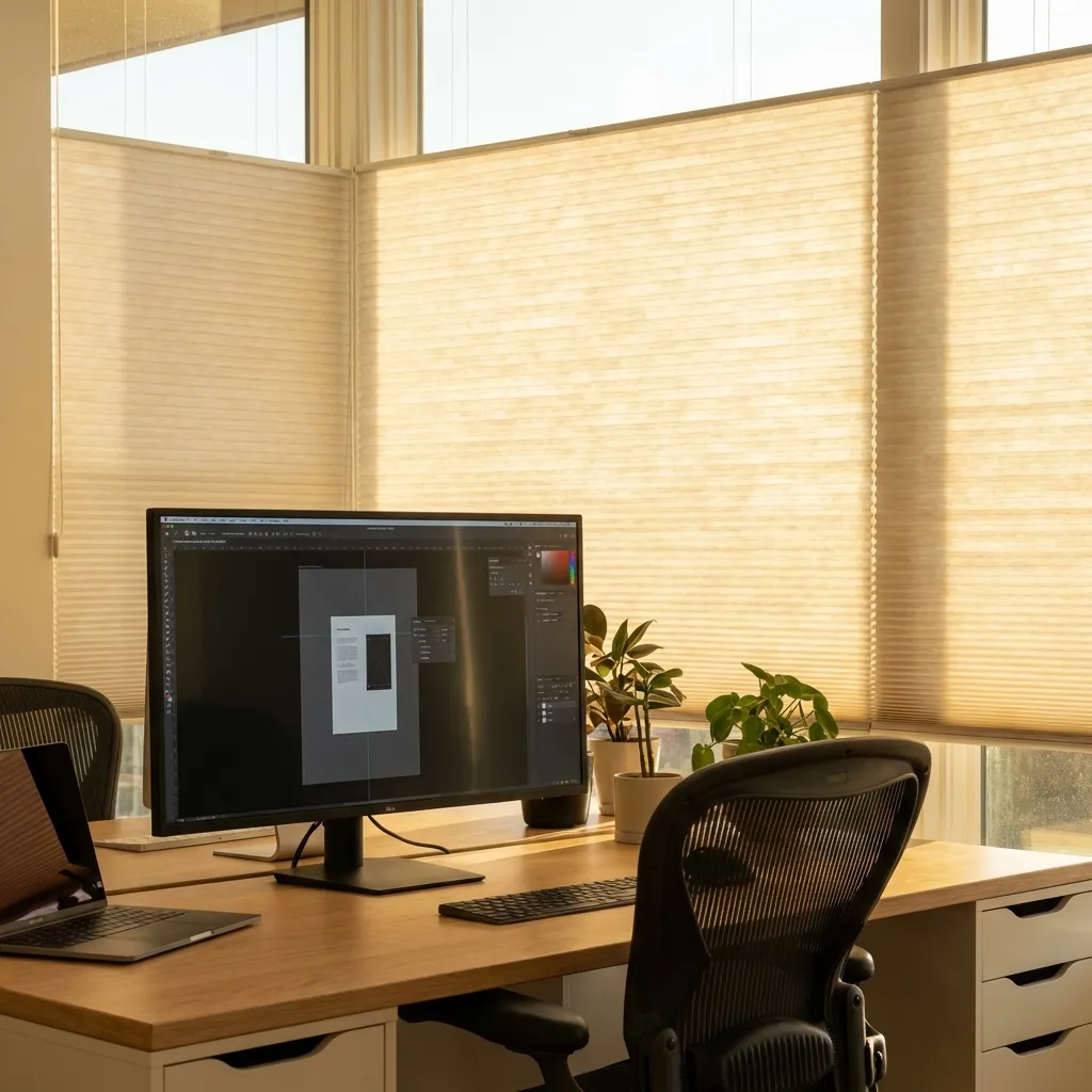 Home Office Arbeitsplatz mit blendfreiem Licht durch Plissees