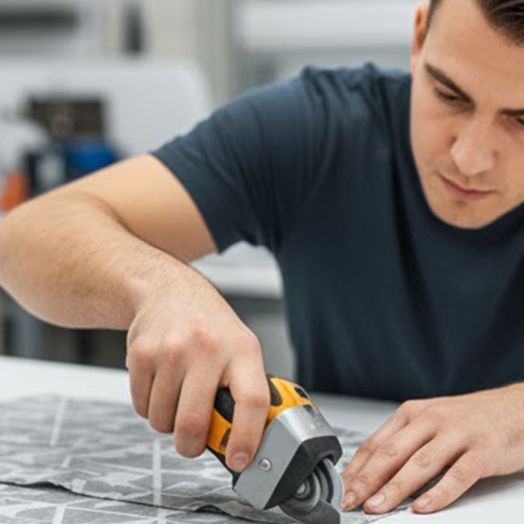 Blick in die Plisseeproduktion mit modernen Zuschnittmaschinen